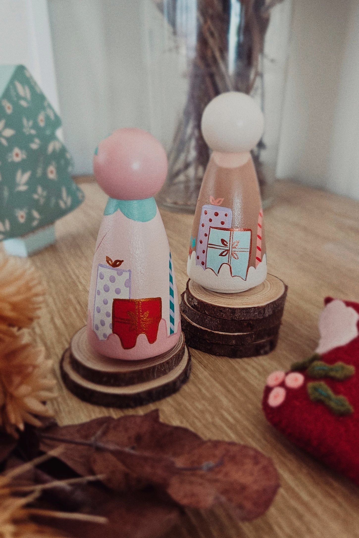 Wooden toys on a wooden surface with a blurred background