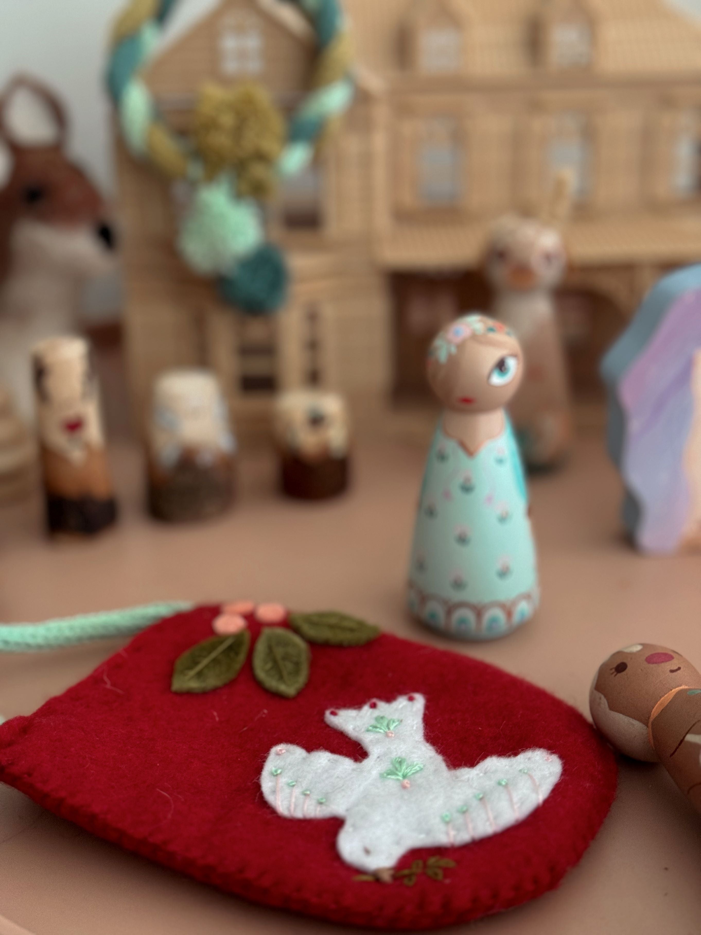 Red Christmas themed felt children's bag, with white dove applique.